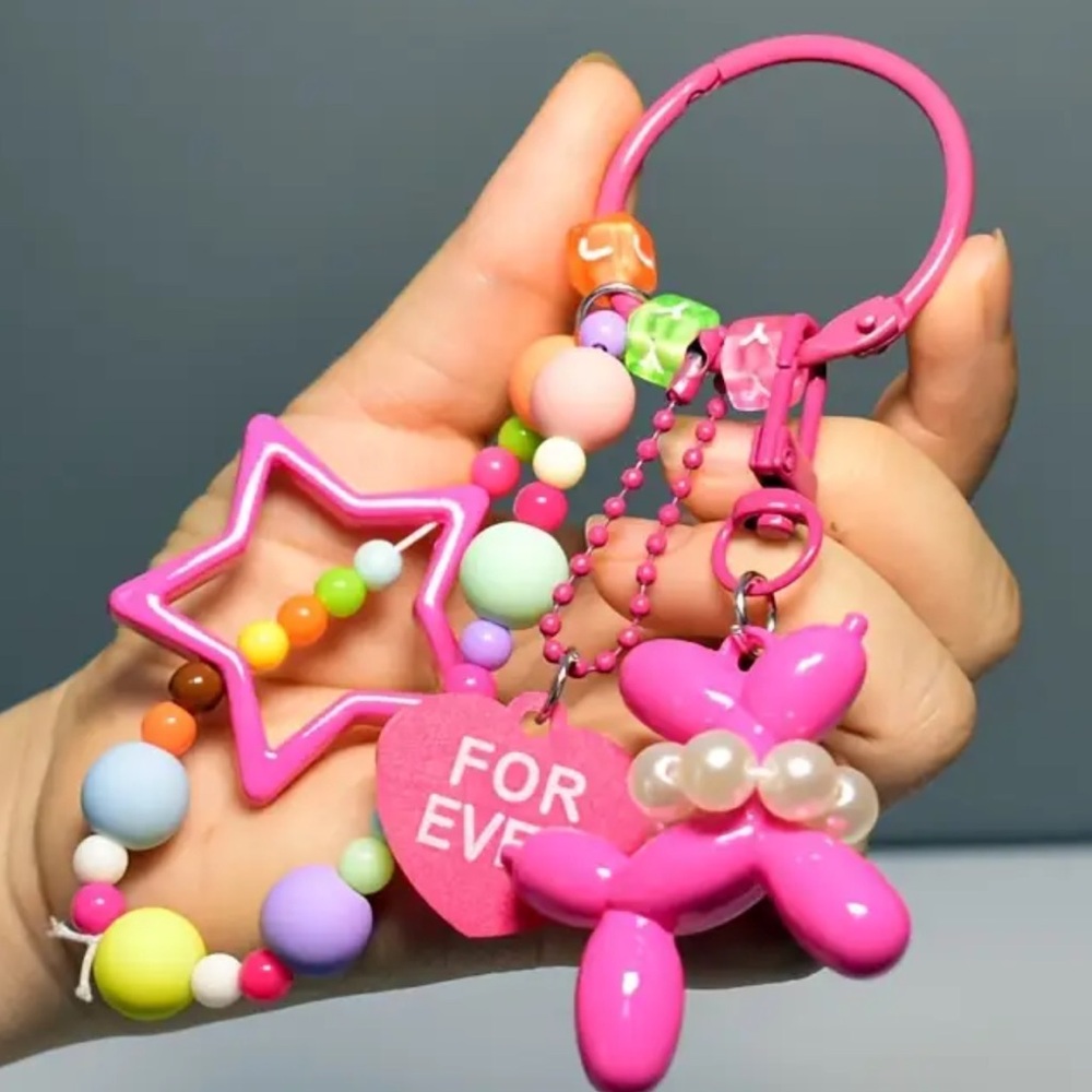 Pink White Pearl Balloon Toy Dog Star Beads Keychain Charm Bag Backpack Y2K